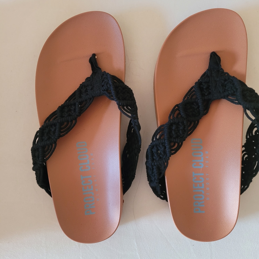 *2 left Sandals* Project Cloud Black Crochet Toe-Post Sandals with Tan Footbed